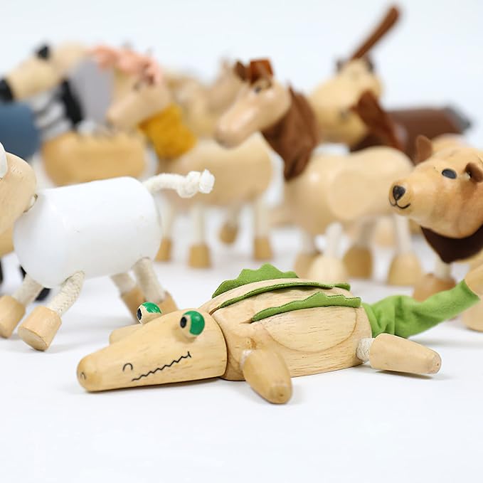 14 Pack Bendable Wooden Animal Toys, Smooth Natural Wood Zoo Farm Jungle Safari Animals Figures, Preschool Learning & Education Toys for Toddlers Kids