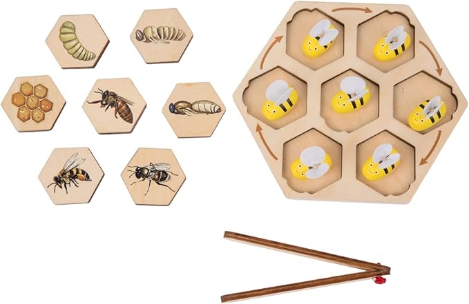 Montessori Wooden Bee Life Cycle Puzzle for Kids 3-6 | Learn Hive Roles: Queen,Worker,Drone | Realistic Insect Puzzle with Tray & Clamp | Preschool Fine Motor Science Toy for Classroom & Homeschool