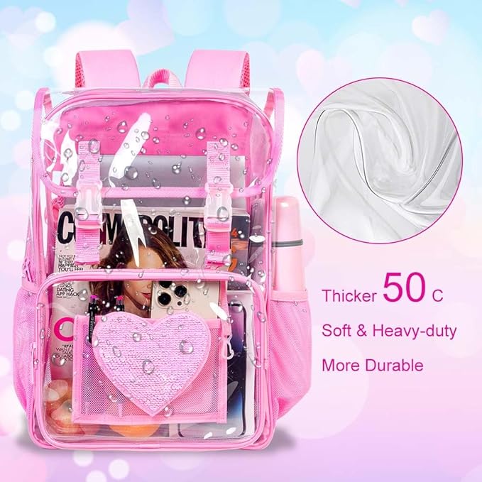 17" Sequin Clear Backpack for Girls - 3Pcs Sparkle Flip Design Stadium Approved Set, Gym/Concert Transparent Bookbag (Pink)