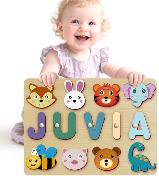 Personalized Name Puzzle for Toddlers - Custom Wooden Jigsaw Puzzles with Animals, Montessori Learning Toys, Baby Birthday Gift for 1, 2, 3 Year Old Boy or Girl (Name Puzzle-03)