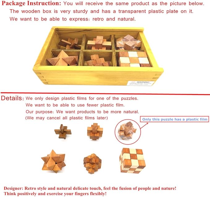 Guaishou 6-in-One 3D Luxury Wooden Brain Puzzle Teaser Kongming Lock for Teens and Adults Includes Storage Box