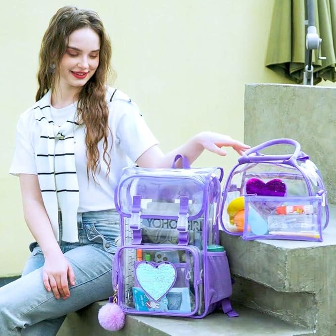 17" Sequin Clear Backpack for Girls - 3Pcs Sparkle Flip Design Stadium Approved Set, Waterproof Campus/School Transparent Bookbag (Purple)