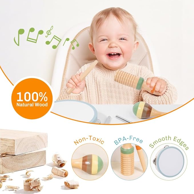 Toddler Musical Instruments Set - Neutral Colors Wooden Montessori Toys Percussion Instruments Musical Toys with Modern Boho Xylophone Tambourine for Kids Preschool Educational 3+ Birthday Gifts