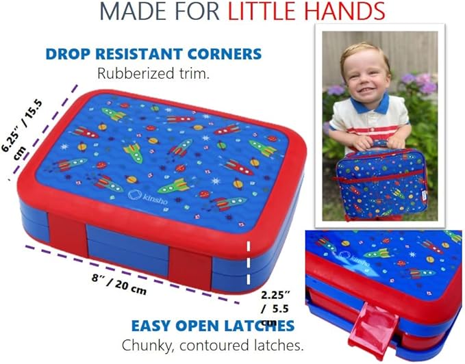Bento Box with Thermo Stainless Steel Food Jar for Hot-Cold Food or Soup, Insulated Lunch Bag & Ice Pack Set for Kids or Toddlers. Ages 3-7, Blue Space Rockets