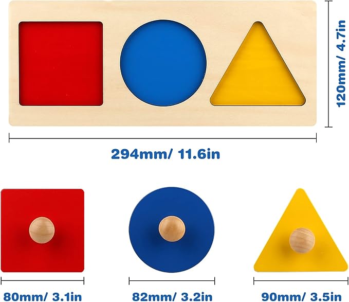 Montessori Multiple Shape Puzzle First Shapes Jumbo Knob Wooden Puzzle Geometric Shape Puzzle Toddler Preschool Learning Material Sensorial Toy for Toddler Shape & Color Sorter (3 Pieces)
