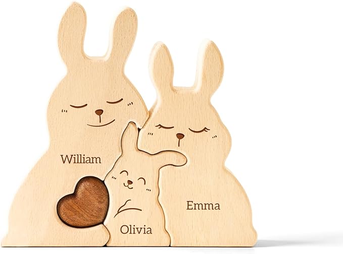 Baby Bunny Family Puzzle, Personalized Wooden Puzzles with 2–5 Names, Rabbit Toys Easter Anniversary Wedding Gifts for Women Men, Easter Decorations Housewarming Gifts for Family Couple