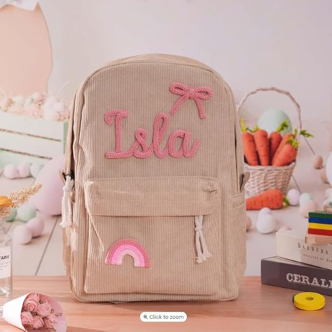 Personalized Corduroy Backpack for Girls Boys, Custom Name School Bag with Cotton Rope Woven, Customize Back to School Bag Gifts for Kids, Birthday/Christmas Gift