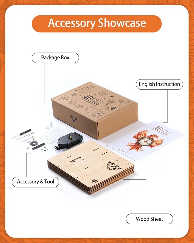 3D Wooden Puzzles for Adults, 3D Puzzle Fire Phoenix Clock Kit (with Pendulum), 3D Puzzles for Adults Teens Home Wall Decor Clock Puzzle Gifts for Adult