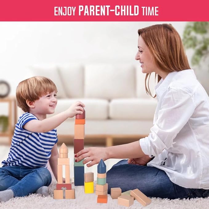 Migargle Large Wooden Building Blocks for Toddlers - Educational Preschool Learning Toys with Storage Bag, Innovative Shapes & Variety Colors to Build More Combinations （48Pcs）