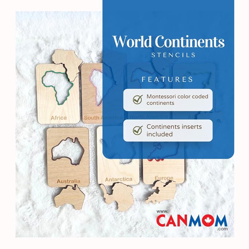 Handcrafted Wooden Continent Stencils – Montessori Geography Learning Tool, World Map Outline Stencil Set for Kids