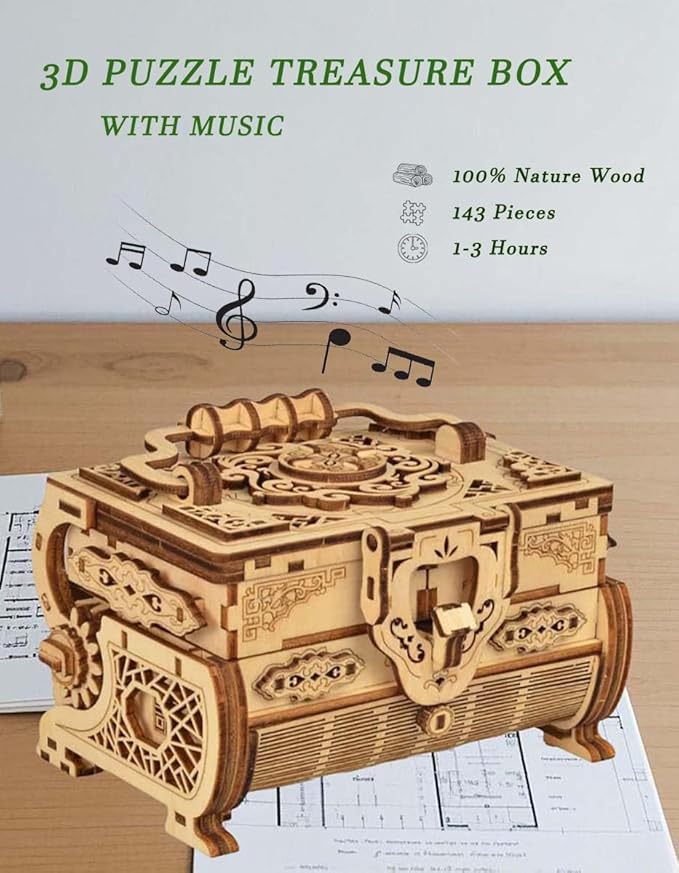 3D Wooden Puzzle Mechanical Treasure Box with Music, Wood Creative Assembly Model Building Kits to Build for Adults and Teens, DIY Wooden Puzzle Hobbies Projects Gift for Man Women