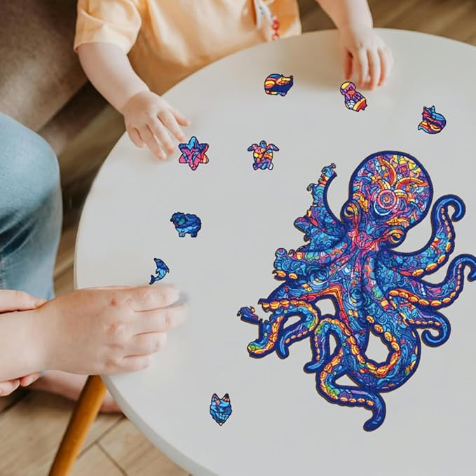 200 Pieces Octopus Wooden Puzzles for Adults, 11.8x11 Inches Octopus Jigsaw Puzzles, Ocean Wood Puzzle, Unique Shape Octopuses Puzzle Gift for Jigsaw Lovers Family Game Home Decor