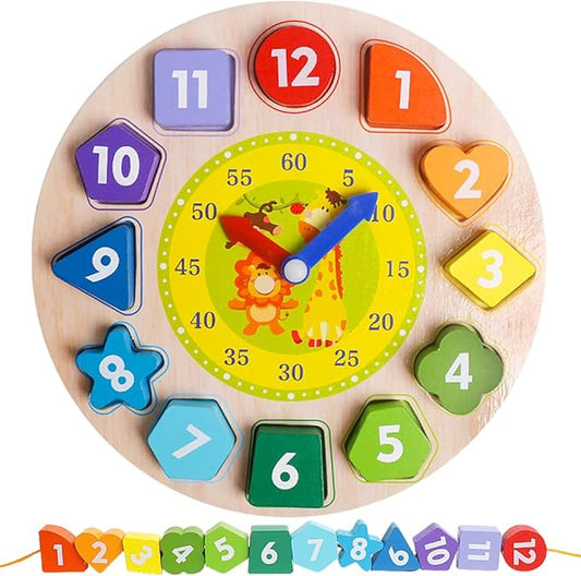 Skrtuan Wooden Sorting Clock Toy for Toddlers 3-5 Years Old, Montessori Shape Color & Animal Puzzle, Educational Learning Gift for Teaching Time, Numbers, and Fine Motor Skills