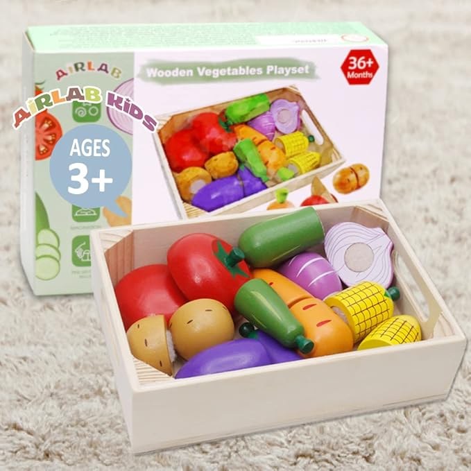 Wooden Play Food for Kids Kitchen Toys for Toddlers Cutting Pretend Toy Food Wooden Fruits Vegetables Gift for Boys Girls Educational Toys