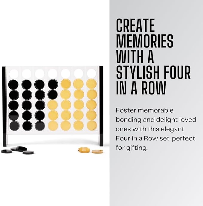 Unique Four in a Row - Acrylic 4 in a Row Game - Board Game Decor - Coffee Table Game - 2 Player Family Game - Connect The Four Pieces - Classic Strategy Game (Black and Gold)