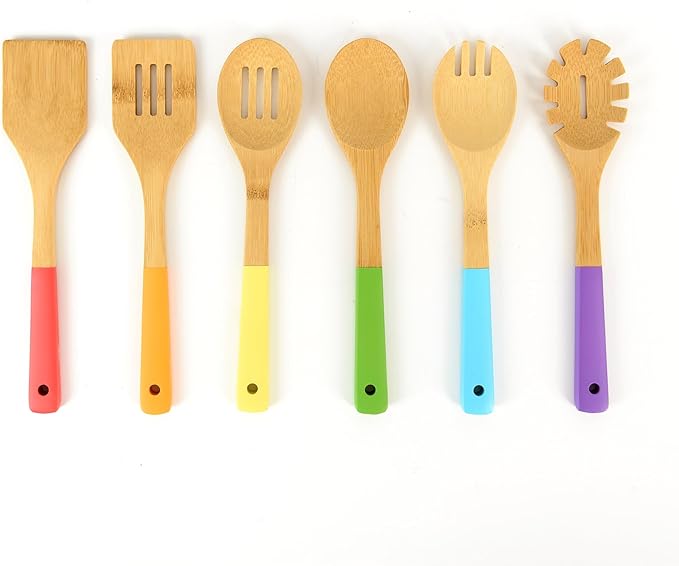 Rainbow Bamboo Kitchen Utensil Set for Kids – Montessori-Inspired 6-Piece Real Cooking Tools | Ages 2+ | Natural Bamboo | Color-Coded | Thoughtful Gift for Toddlers & Preschoolers