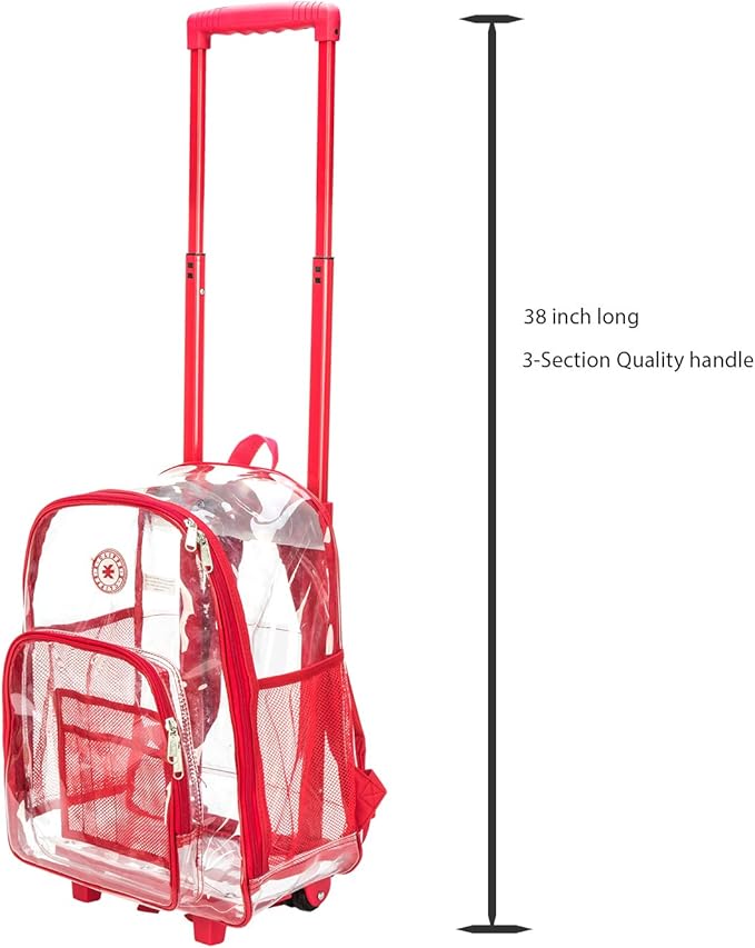 K-Cliffs Rolling Clear Backpack Heavy Duty Bookbag Quality See Through Workbag Travel Daypack Transparent School Book Bags w/Wheels Red