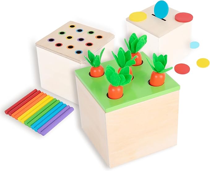 Adena Montessori 3 for 1 Wooden Montessori Play Kit Baby Toys,includes Matchstick Color Drop Game,Carrot Harvest Game and Coin Box,Learning Toy for Kid 1,2,3 Year Old,Girl Boy Gift for Baby 6-12 Month