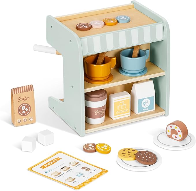 OOOK 2-in-1 Kids Wooden Toy Coffee Maker Playset, Toddler Pretend Play Kitchen Food Small Coffee Shop with 28 Pcs Play Kitchen Accessories for Girls & Boys