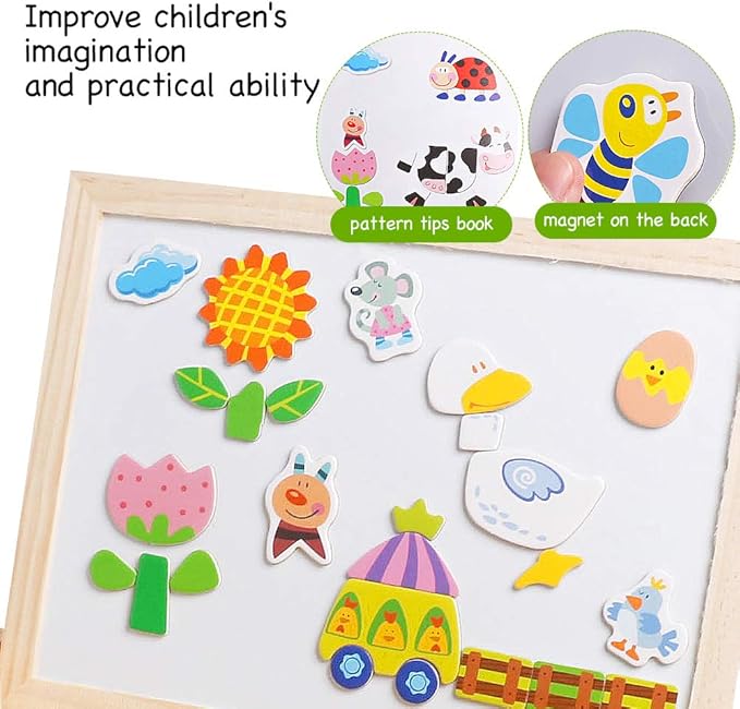 Skrtuan Wooden Educational Toys Magnetic Puzzles for Kids Wooden Art Easel Double Side Educational Learning Games for Boys Girls Children