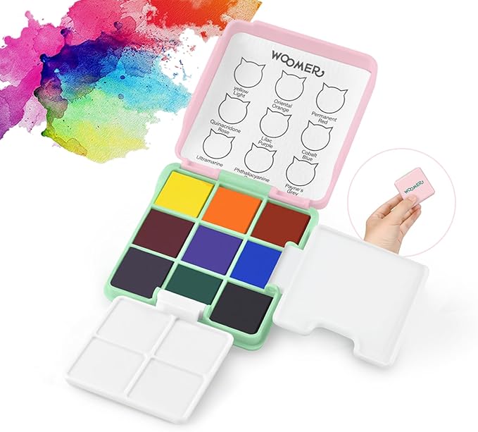 Woomer Pocket Watercolor Paint Set, 9 Vivid Colors Travel Watercolor Paint with 2 Foldable Palettes, Wash Cup, Perfect Water Color Set for Kids Beginner Students Adult Gift