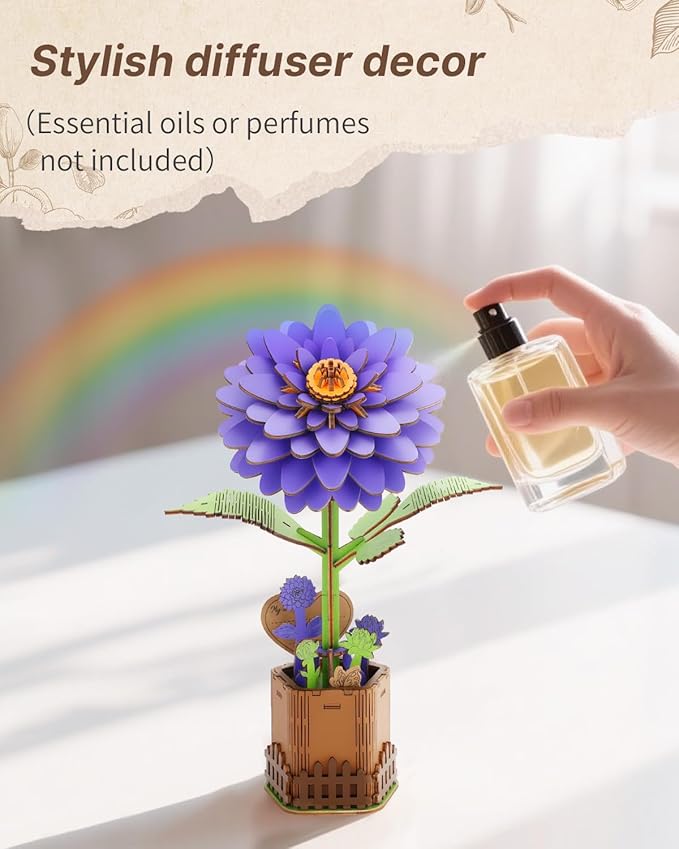 Welsky 3D Dahlia Wooden Puzzles for Adults, DIY Wooden Flower Craft Kit, Artificial Flowers Model Kit to Assemble for Adults.(6.14 * 3.9 * 8.86in 117PCS)