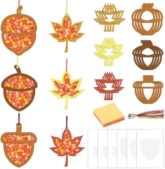 Zliisang 24PCS Make You Own Fall Crafts Kit Bulk Maple Leaf Acorn Paper Suncatchers DIY Kit for Autumn Thanksgiving Classroom Activities Decorations Window Stained Glass Effect Art Supplies