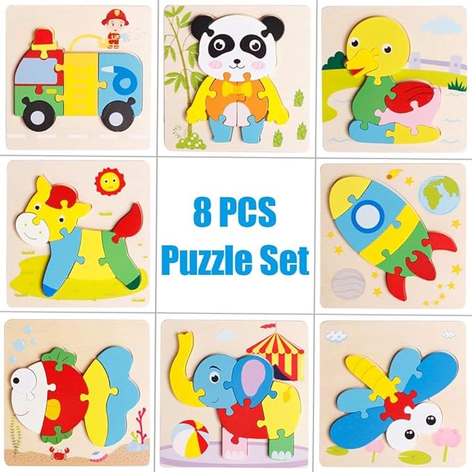 Wooden Puzzle Jigsaw Toy, 8 Pack Puzzle Toys for Toddlers 3-4 Years Old boy and Girl Birthday Gift Educational Kids Toys