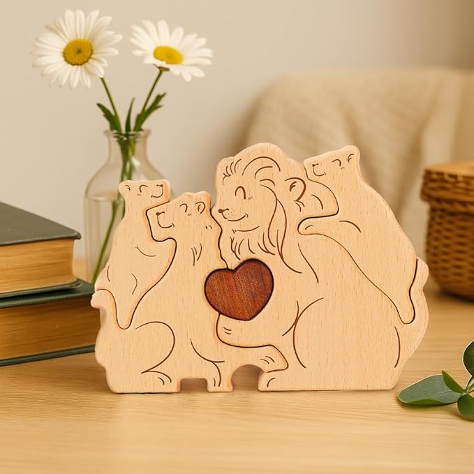 Wooden Lion Family Puzzle Games, Personalized 4 Name Puzzle for Home Crafts Decor, House Warming Birthday Party Gifts for Mom Dad Grandma Kids New Baby, Wooden Bear Family