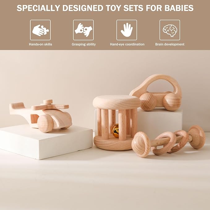 Wooden Baby Rattle Set - Montessori Grip Toy for Newborns, Natural Wood Gift Set of 3