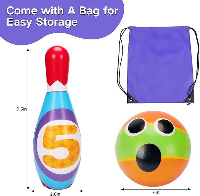 Kids Bowling Set 2-5 Toddler Indoor Bowling Game Toy Gifts for 1 2 3 4 Year Old Boys Girls Soft 10 Colorful Foam Bowling Pins 2 Bowling Ball Developmental Sensory Toddler Age 2-4 3-5 Birthday Present