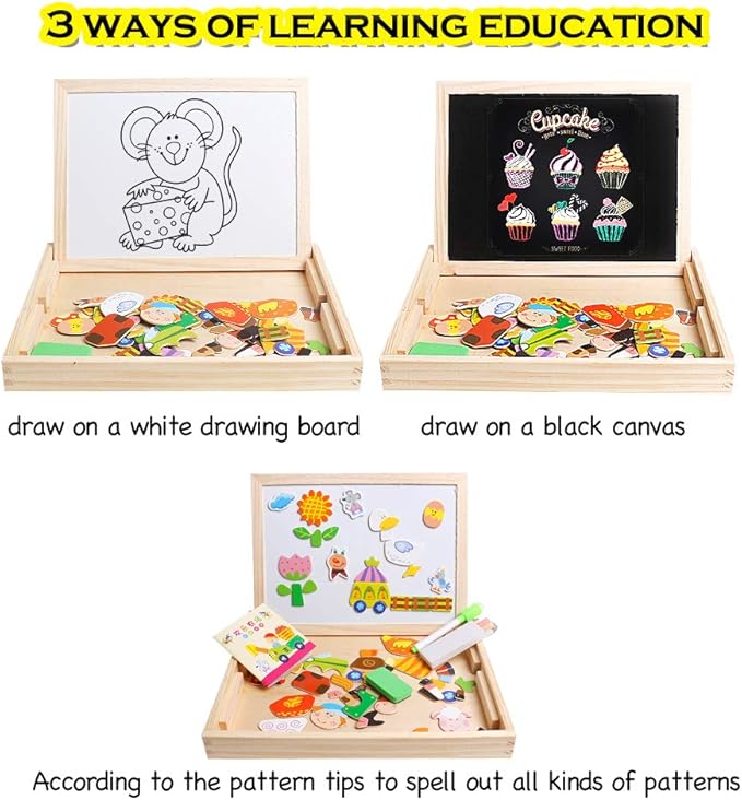 Skrtuan Wooden Educational Toys Magnetic Puzzles for Kids Wooden Art Easel Double Side Educational Learning Games for Boys Girls Children