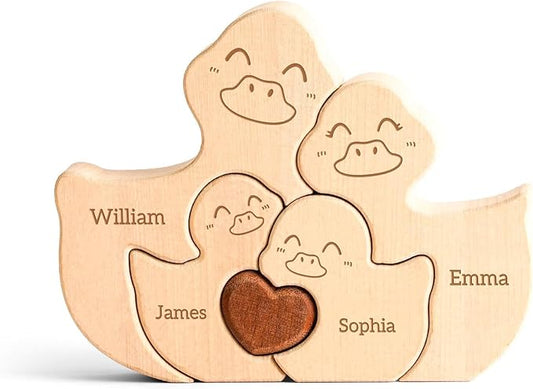 Personalized Wooden Family Puzzle Ducks Toy, Customizable Puzzles with 2-5 Names, Birthday Fathers Day Mothers Day Personalized Gifts for Kids Parents, Unique Home Decor
