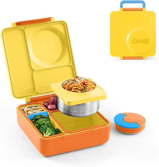 OmieBox Bento Box for Kids - Insulated Bento Lunch Box with Leak Proof Vacuum Insulated Food Jar - 3 Compartments, Two Temperature Zones (Sunshine)