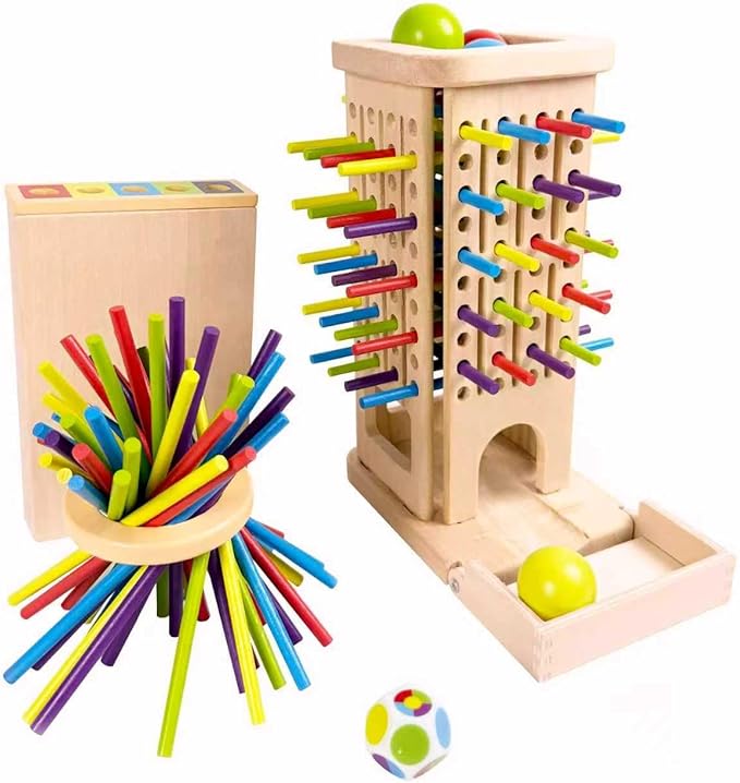 4-in-1 Board Game for Kids, Wooden Sorting & Stacking|Pick-up Sticks|Counting|Ball Drop Tower, Family Games for Kid and Adult, Montessori STEM Learning Toy for 3 4 5 6 7 8 Year Old Boy Girl