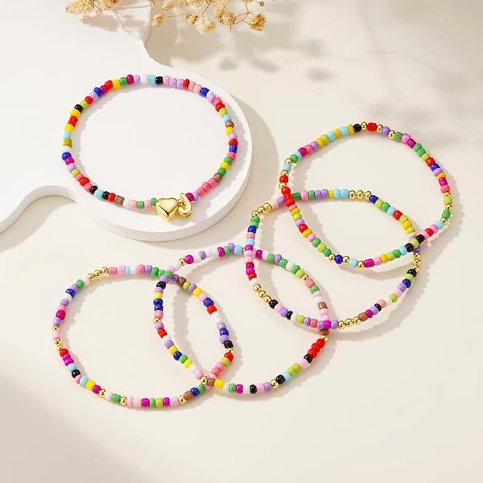M MOOHAM 5PCS Colorful Beaded Initial Bracelets for Girls Women - Cute Stretch Heart Letter Beaded Bracelet Bohemian Initial Stackable Bracelet Birthday Gift Jewelry for Kids Teen Girl