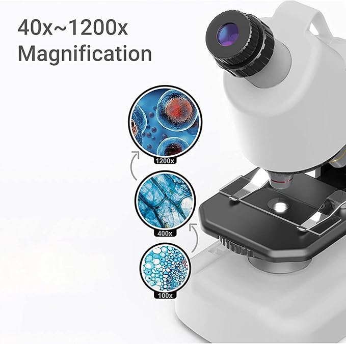 Kids Microscope - Up to 40-1200x Zoom, STEM Kit with LED Light & Prepared Slides
