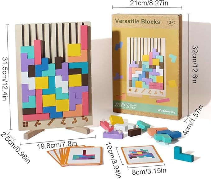 Wooden Block Puzzle, Educational Brain Teaser, 12 Colorful Pieces, Ages 3+