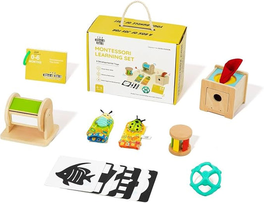 Montessori Toys for Babies 0-6 Months - 6-in-1 Educational Sensory Development Kit with Rolling Bell, Magic Tissue Box, Spinning Drum & More