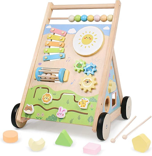 Wooden Baby Walker with Wheels, Montessori Baby Push Walker for Babies 6-12 Months, Baby Activity Center Walking Toy for 1 Year Old Learning to Walk Toddler Girls Boys