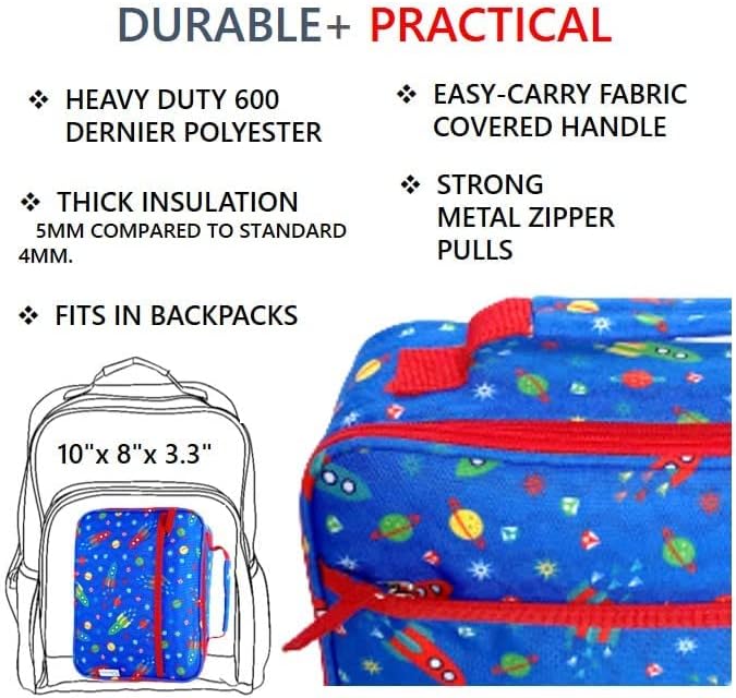 Bento Box with Thermo Stainless Steel Food Jar for Hot-Cold Food or Soup, Insulated Lunch Bag & Ice Pack Set for Kids or Toddlers. Ages 3-7, Blue Space Rockets