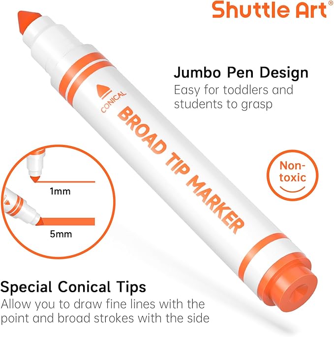Shuttle Art 120 Count Washable Markers, 10 Assorted Colors Broad Line Conical Tip Large Markers Bulk with a Box, Home Classroom School Supplies for Toddlers Kids Adults Students Teachers