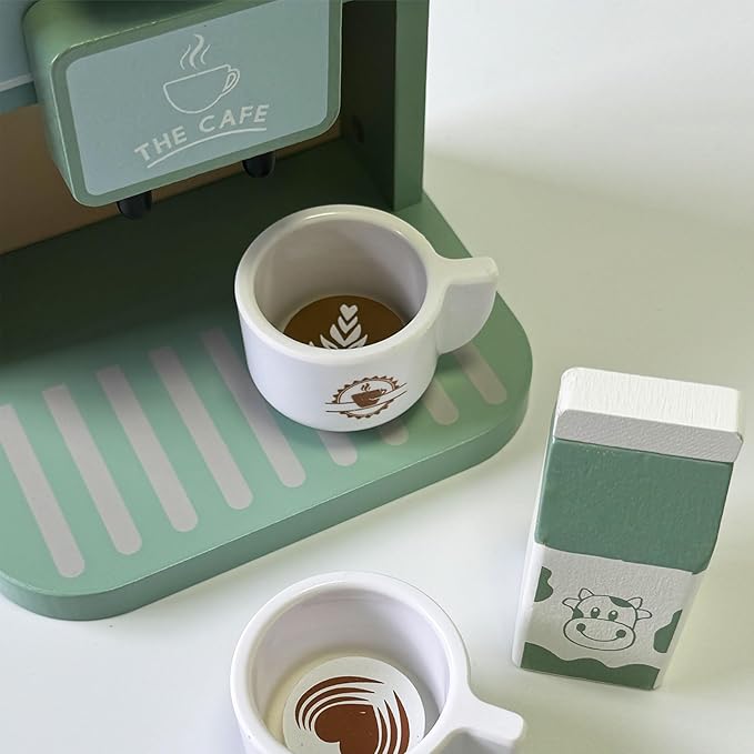 JBBRO Toy Coffee Maker for Kids - Toddler Toys Play Kitchen Accessories Spark Creativity, 8pc Kids Coffee Playset with Machine & Cups, Montessori Wooden Kitchen Toys for Ages 2-4 Enhance Creativity