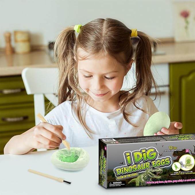 12-Pack Glow in The Dark Dinosaur Excavation Kit for Kids - Educational STEM Fossil Digging Egg Activity – Dig up & Discover Real Dino, Scientific Archaeology Set for Boys & Girls