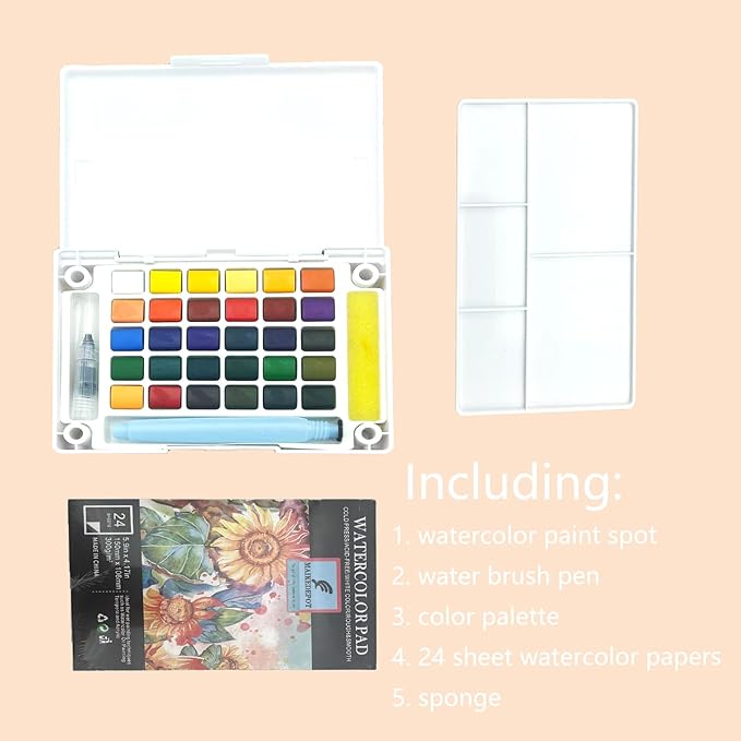 Watercolor Paint Set,Vivid Colors Travel Paint Set Graspable Painting Set Watercolor Sketching Kit with Water Brush Pens,24 Sheets Watercolor Papers,3 Online Tutorial Video - 18colors