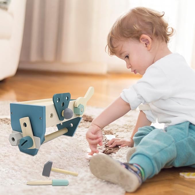 Montessori Wooden Tools Toddler Educational Construction Kids Toys Sets Play Box Preschool Play Tool（Blue）