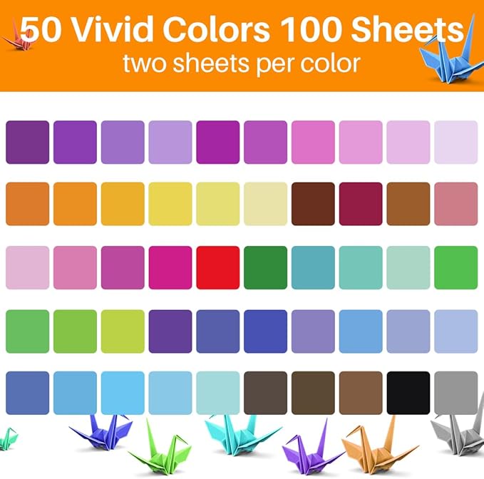 Opret Origami Paper Large, 100 Sheets 4x4 inch / 10x10cm Large Origami Paper 50 Vivid Colors Single Sided for Arts and Crafts Projects