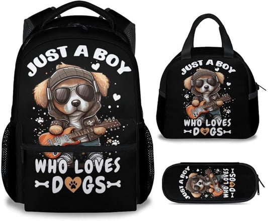 Dog Backpack with Lunch Box, Set of 3 School Backpacks Matching Combo, Cute Black Bookbag and Pencil Case Bundle