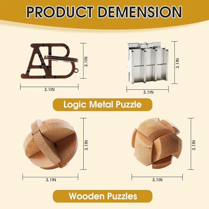 8PCS Brain Teaser Puzzles for Adults, Mind Puzzle Ancient Wooden and Metal Puzzles 3D Unlock Interlock IQ Education Puzzle Box Game for Adults
