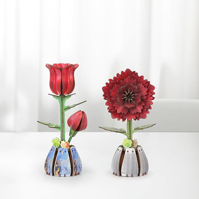 Jege 3D Flowers Wooden Puzzles for Adults,DIY Wooden 2 Flowers per Kit Building Set for Home Decor, Creative Craft Gift Toys Kits with 2 Perfume Bottles and Diffuser Sticks (Rose + China Rose)